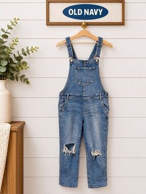 OLD NAVY - Distressed Denim Overalls with Side Zip - Size 8 Petite